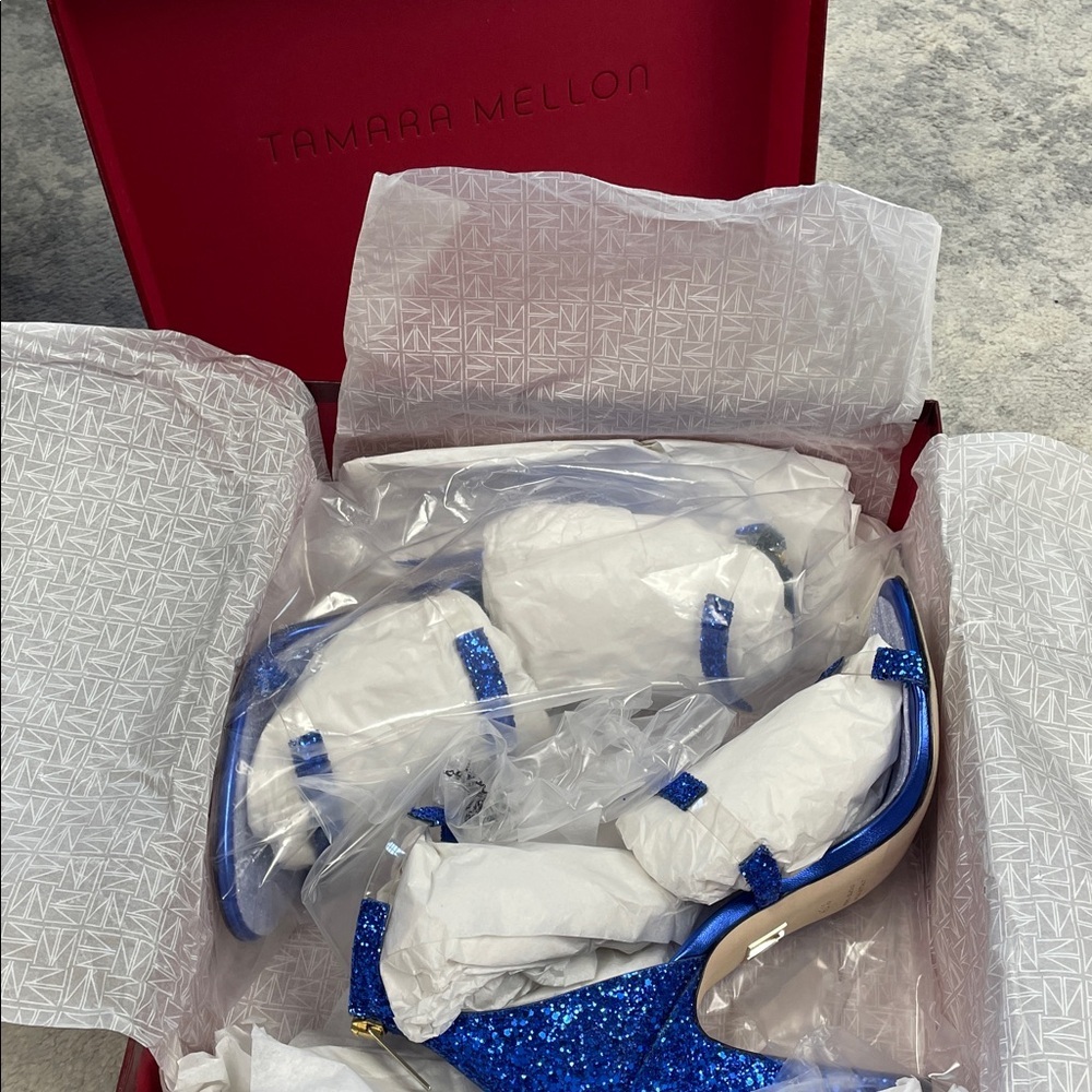 Nib Tamara Mellon Frontline 105 Glitter Cobalt Blue Heels Strappy Sz 40.5 — image 5 of 8